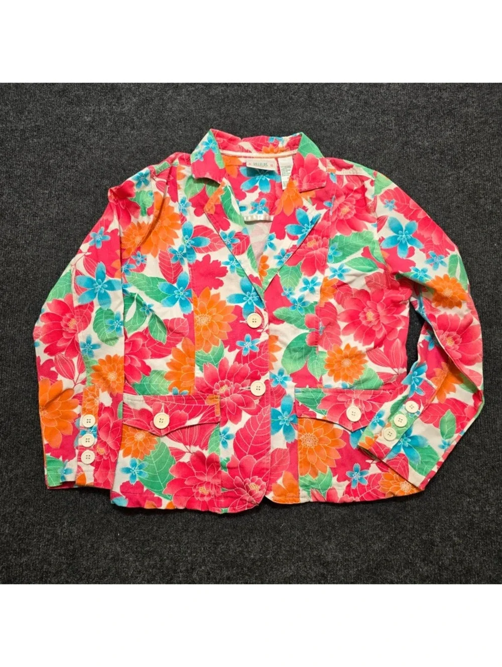 Vintage Bill Blass Floral Cotton Blazer Jacket White Buttons Flap Pockets M